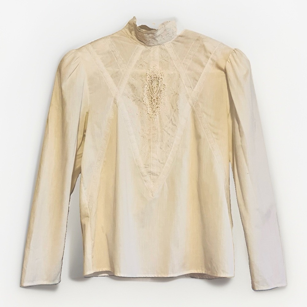 Vintage Gunne Sax Blouse Womens Medium White Cottage CoreHigh Neck Top